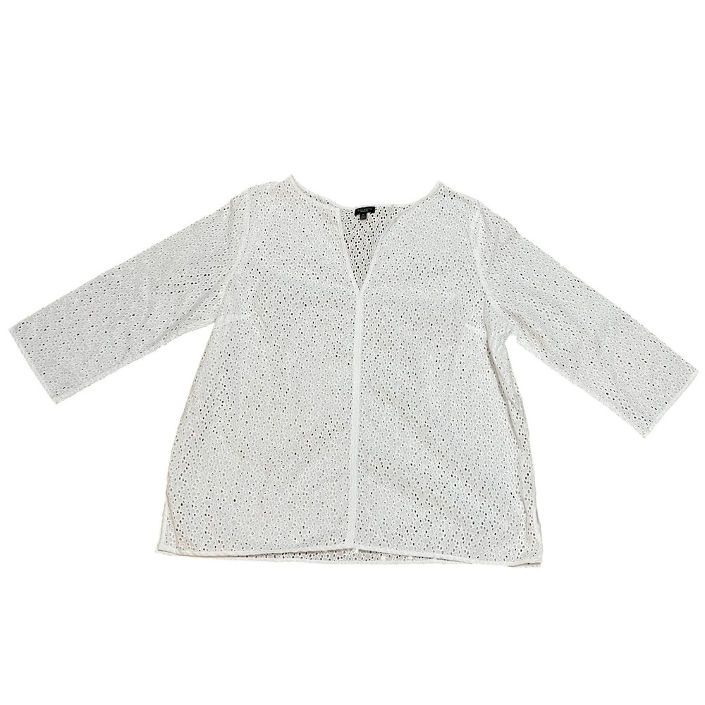 Talbots Women XL White Eyelet Cotton V-Neck Tunic Popover Boho Blouse 3/4 Sleeve